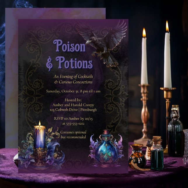 Poison & Potions Halloween-Cocktailparty Einladung (Elegant Poison & Potions Halloween cocktail party invitation with vintage apothecary artwork)
