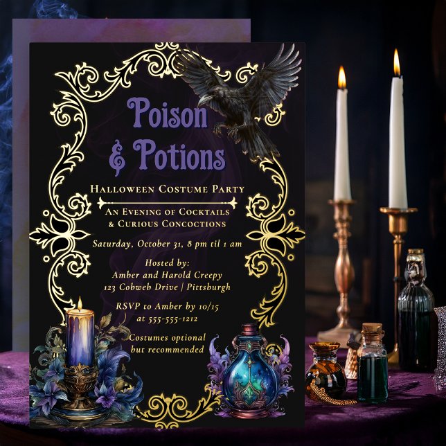 Poison & Potions Halloween-Kostümparty Folieneinladung (Elegant Poison & Potions Halloween costume party foil invitation)
