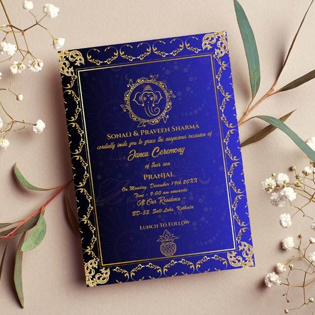 Poite Janeu Upanayanam Hindu Holy Thread Blue Gold Einladung (Von Creator hochgeladen)