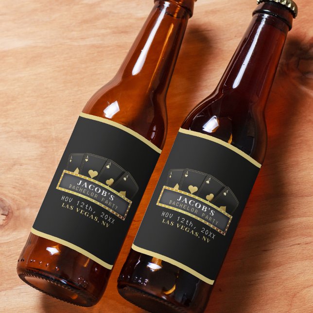 Poker Aces Black & Gold Bachelor Party Bierflaschenetikett (Poker Aces Black & Gold Bachelor Party Beer Bottle Label
)