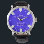 Poker Chip Casino Gedeckter Trauzeuge Armbanduhr<br><div class="desc">Las Vegas Casino Spiele Thema Hochzeit Trauzeuge / Trauzeuge Geschenk-Uhr getan in einem blauen und weißen Poker Chip aussehen Zifferblatt. Personalisieren Sie alle Textfelder,  um Ihre Hochzeitsbedürfnisse Anzug. Matching Produkte sind erhältlich.</div>