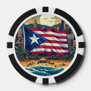 Poker Chips mit Puerto Rico Flag über Strand