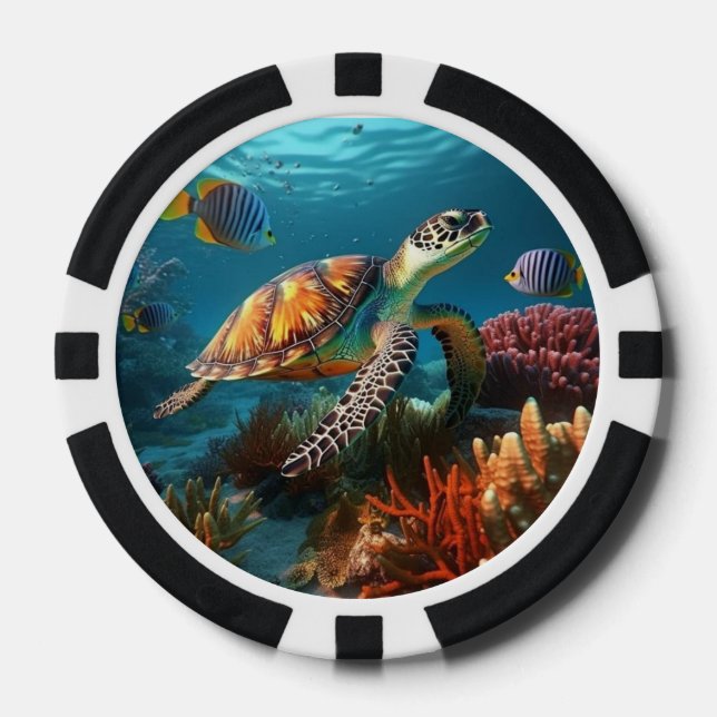 Poker Chips mit Tiefseeschildkröten und Fischen (Vorderseite)