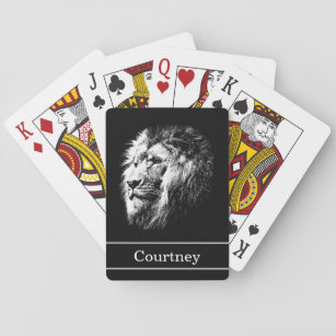 Poker-Gesichts-Löwe mit Namen auf Schwarzem Spielkarten