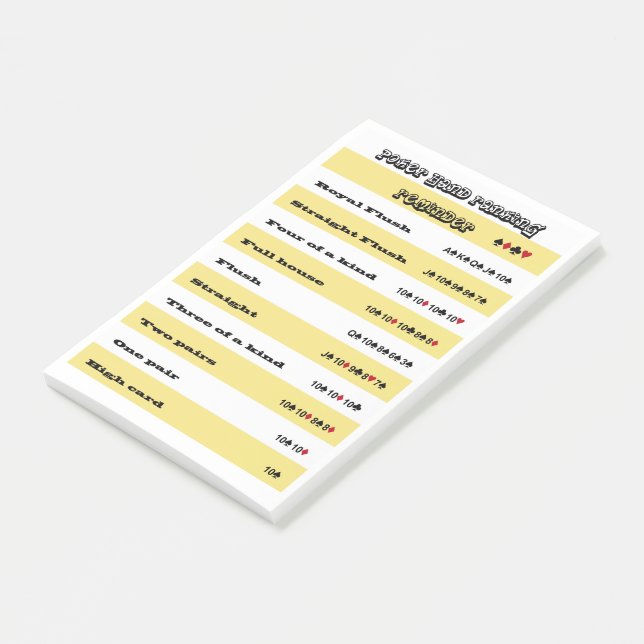Poker Hand Ranking Erinnerung mit gelben Streifen Post-it Klebezettel (angewinkelt)