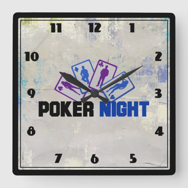Poker Night mit Spielkarte in blau und Lila Quadratische Wanduhr (Vorderseite)
