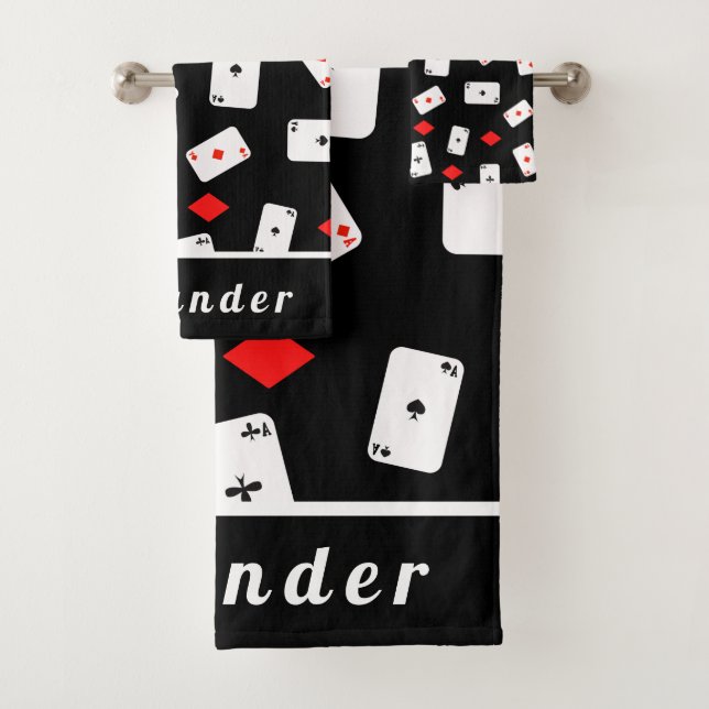 Poker Theme Playing Cards & Red Diamonds sein Name Badhandtuch Set (Insitu)