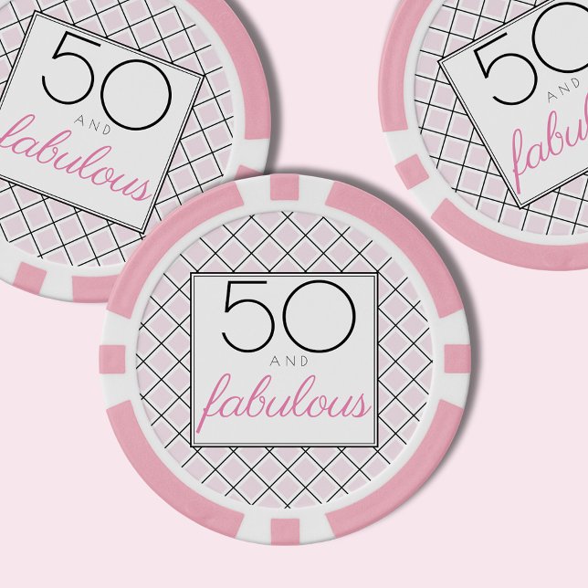 Pokerchip Pokerchips (50 and fabulous, blush pink checkered custom poker chips for 50th birthday party celebrations.)