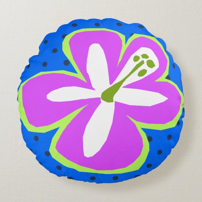 Pokii Hawaiian Aloha Hibiskus Polka Dot Reversible Rundes Kissen (Vorderseite)