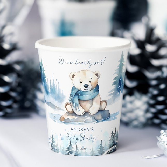 Polar Bär arke Winter Babydusche Vorlage Pappbecher (Polar bear arctic winter baby shower personalized tableware template paper cup cute white teddy bear)