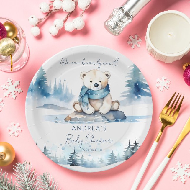 Polar Bär arke Winter Babydusche Vorlage Pappteller (Polar bear arctic winter baby shower tableware personalized template paper plates)