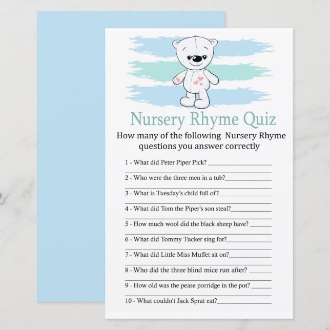 Polar Bär Kinderzimmer Rhyme Quiz Babydusche (Vorne/Hinten)