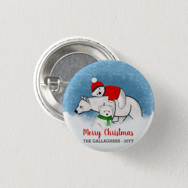 Polar Bären Mama mit Cubs Frohe Weihnachten Button (Vorne & Hinten)