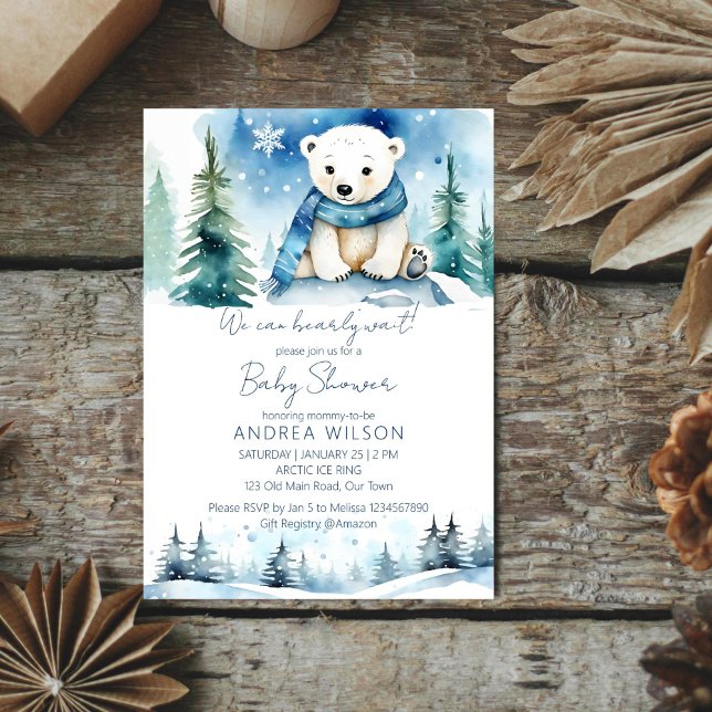 Polar Bären Winter Bärendusche Einladung (Polar bear winter bearly wait baby shower editable template  invitation digital download cute pines)