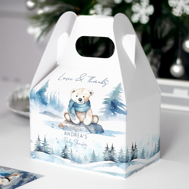 Polar Bären Winter Bärendusche Geschenkschachtel (Polar bear winter bearly wait baby shower favor box cute teddy bear with a scarf blue pines baby boy)