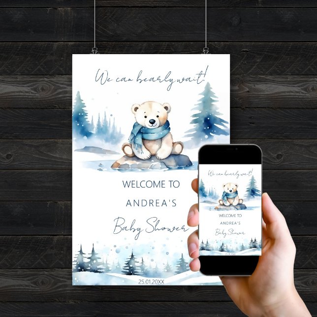 Polar Bären Winter Befriedigung Baby Dusche Willko Poster (Polar bear winter bearly wait baby shower editable template welcome poster digital download cute)