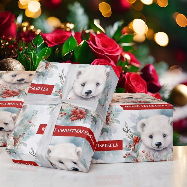 Polar Bear Add Child's Name Niedliches Weihnachtsg Geschenkpapier (Von Creator hochgeladen)