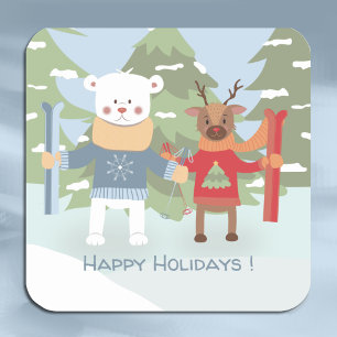 Polar Bear and Rentier with Skis Holiday Sticker