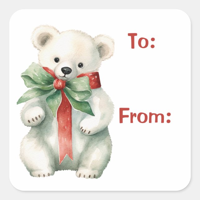 Polar Bear Animal Watercolor-Geschenkmarke Quadratischer Aufkleber (Vorderseite)