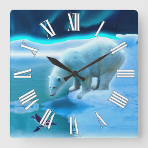 Polar Bear & Arctic Penguin Aurora Kunstmuseum Quadratische Wanduhr