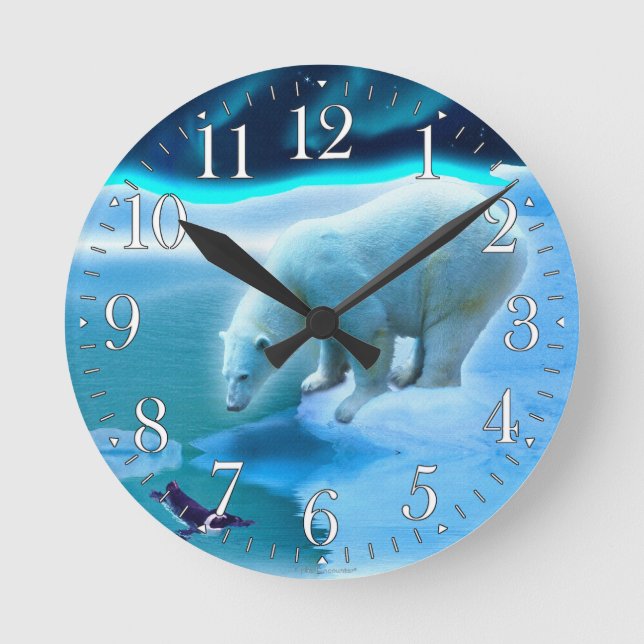 Polar Bear & Arctic Penguin Aurora Kunstmuseum Runde Wanduhr (Vorderseite)