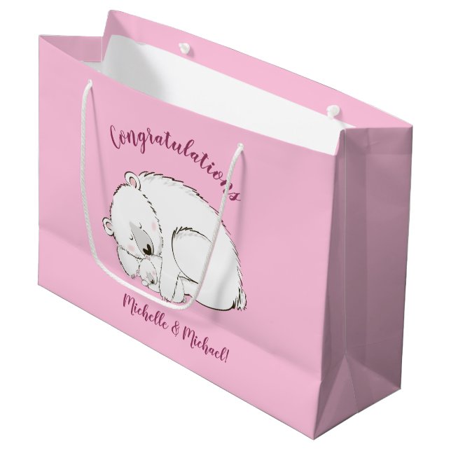 Polar Bear Baby Dusche Pink Girl Große Geschenktüte (Vorderseite Schrägansicht)