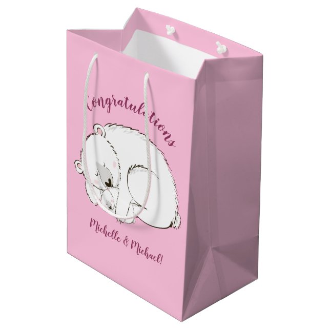 Polar Bear Baby Dusche Pink Girl Mittlere Geschenktüte (Rückseite Schrägansicht)