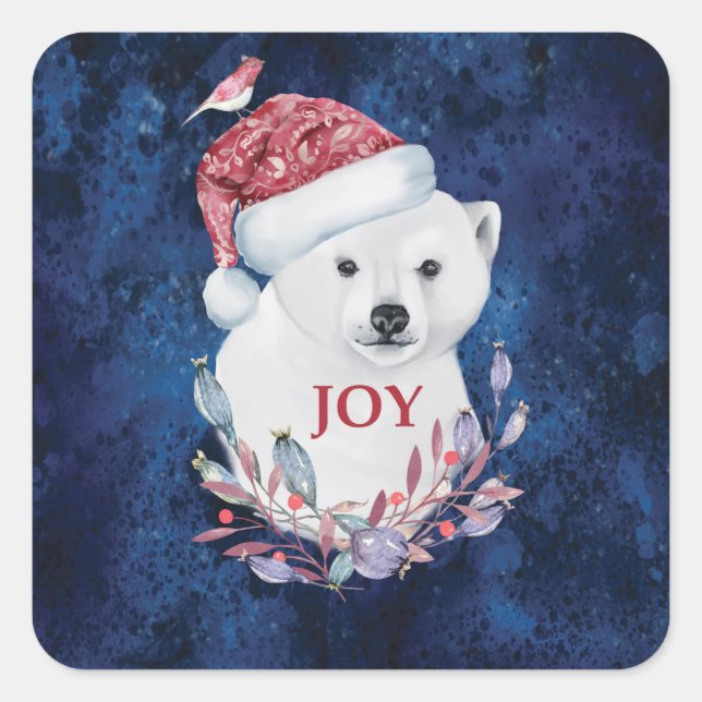 Polar Bear Baby Hat Bird Christmas Joy Square Stic Quadratischer Aufkleber (Vorderseite)