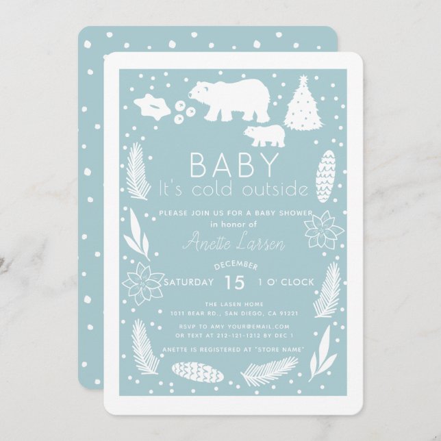 Polar Bear Baby It's Cold Outside Blue Baby Shower Einladung (Vorne/Hinten)