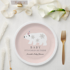 Polar Bear Baby It's Cold Outside Pink Baby Shower Pappteller