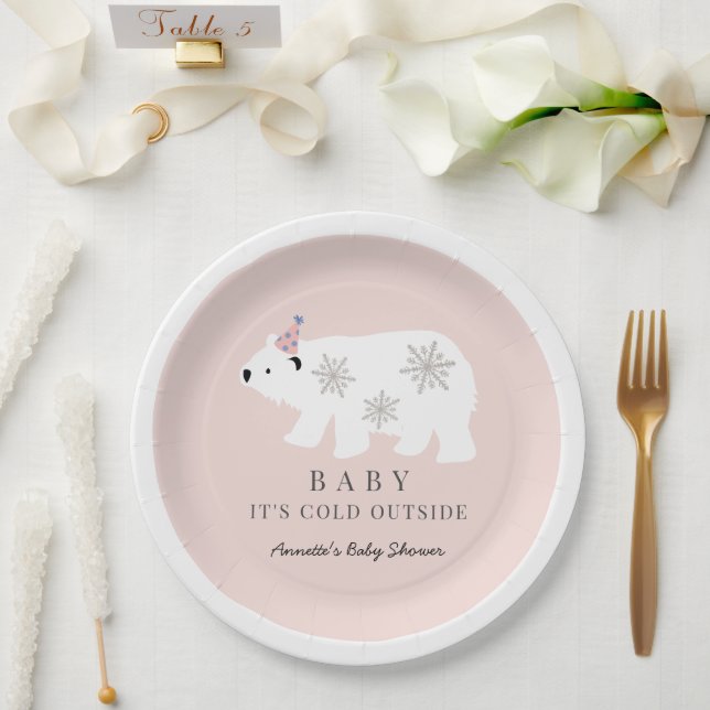 Polar Bear Baby It's Cold Outside Pink Baby Shower Pappteller (Hochzeit)