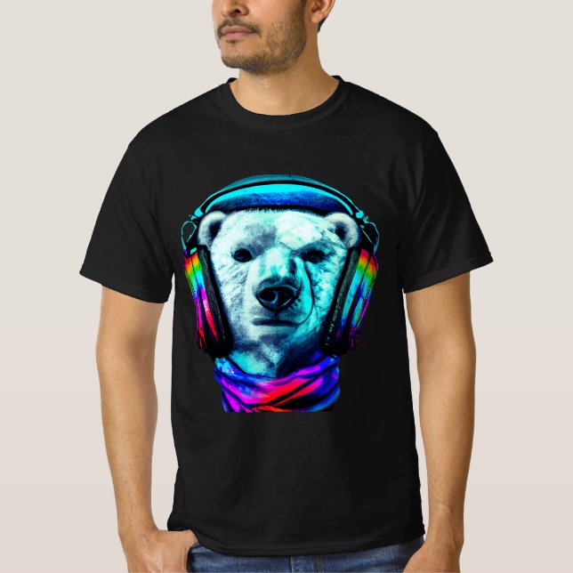 Polar Bear Bear Tragen Regenbogen Kopfhörer T - Sh T-Shirt (Vorderseite)