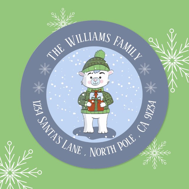 Polar Bear Blue Holiday Rücksendeadresse Sticker (Cute polar bear blue Holiday return address round stickers . )