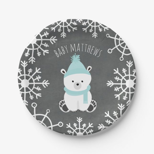 Polar Bear Boy Winter Baby Dusche Pappteller (Vorderseite)