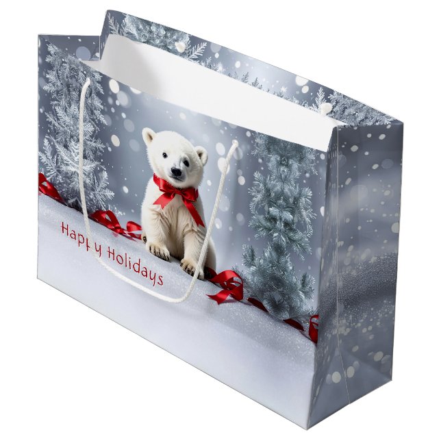 Polar Bear Christmas Holiday Gift Bag Große Geschenktüte (Vorderseite Schrägansicht)