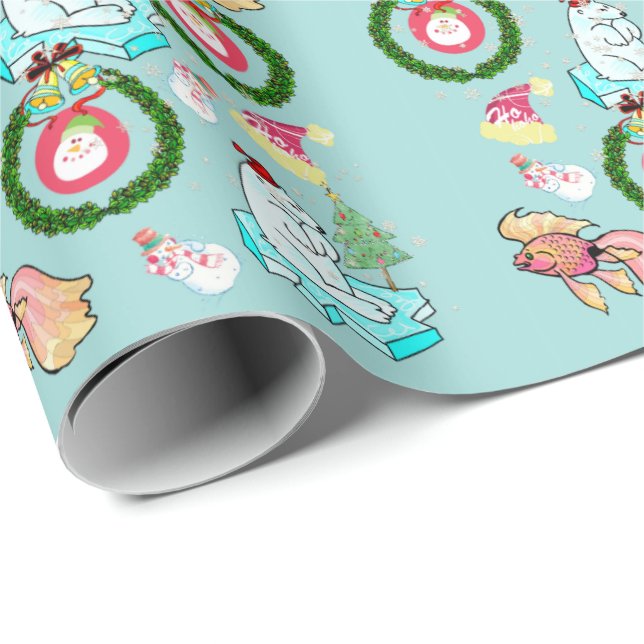 Polar Bear Christmas Snowman Wrapping Paper Geschenkpapier (Rolleneckpunkt)