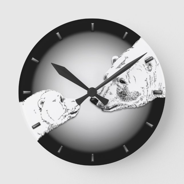 Polar Bear Clock Mother & Cube Bär Art Schloss Mon Runde Wanduhr (Vorderseite)