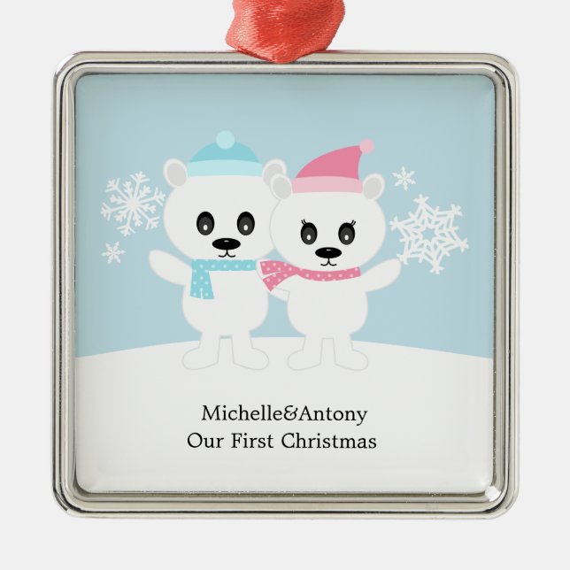 Polar Bear Couple Ornaments Silbernes Ornament (Vorne)