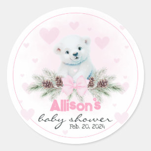 Polar Bear Cub Girl Pink Hearts Winter Baby Dusche Runder Aufkleber