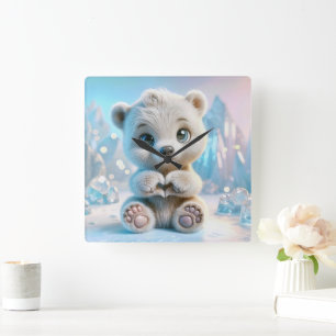 Polar Bear Cub Quadratische Wanduhr