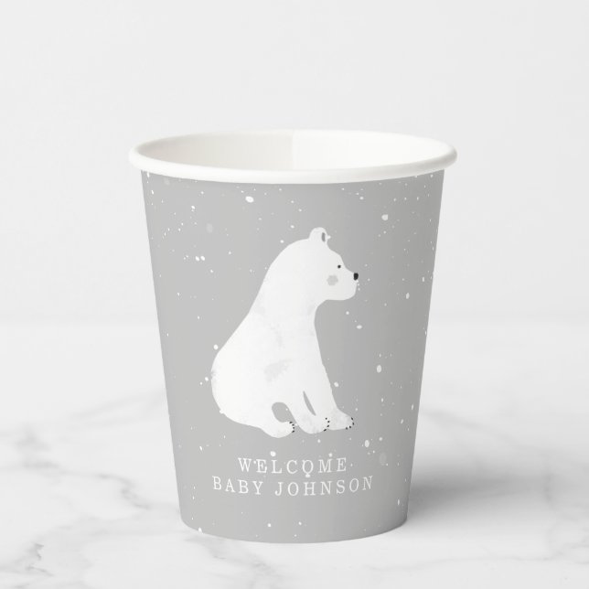Polar Bear Cub Winter Gray Neutral Baby Dusche Pappbecher (Links)