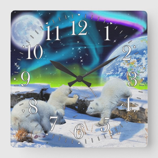 Polar Bear Cubs & Aurora Earth Day Clock Quadratische Wanduhr (Vorderseite)