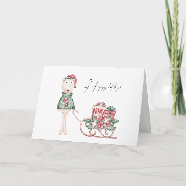 Polar Bear Dressed for Christmas Sleigh Karte (Vorderseite)