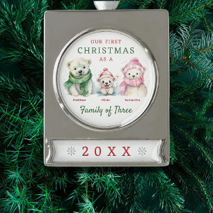Polar Bear Familie von drei ersten Weihnachten Banner-Ornament Silber