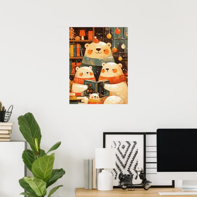 Polar Bear Family Reading Together on Christmas Poster (Heimbüro)