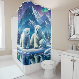 Polar Bear Family Snowy Scene Painting Duschvorhang