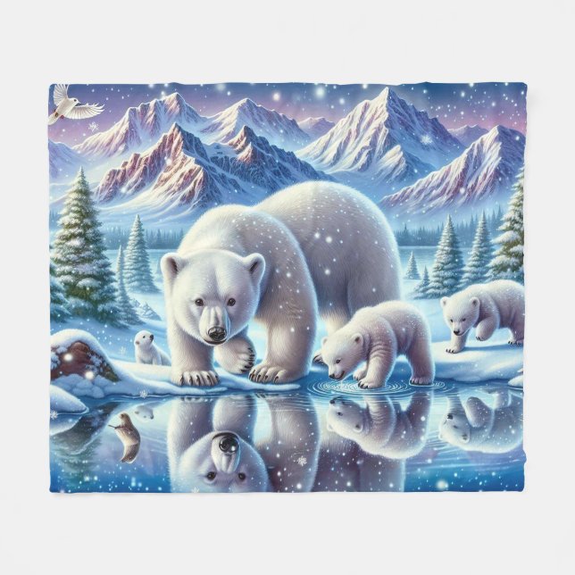 Polar Bear Family Snowy Scene Painting Fleecedecke (Vorderseite (Horizontal))