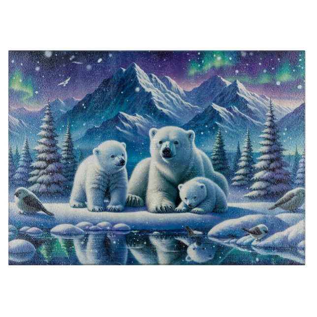 Polar Bear Family Snowy Scene Painting Schneidebrett (Vorderseite)