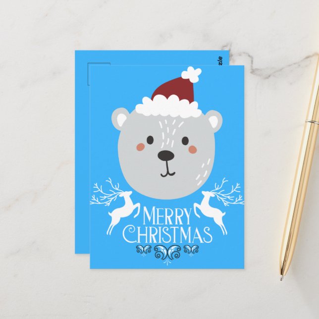Polar Bear Funny Christmas Holidays Blue Postkarte (Vorderseite/Rückseite Beispiel)