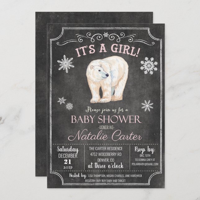 Polar Bear Girl Babydusche Einladung (Vorne/Hinten)